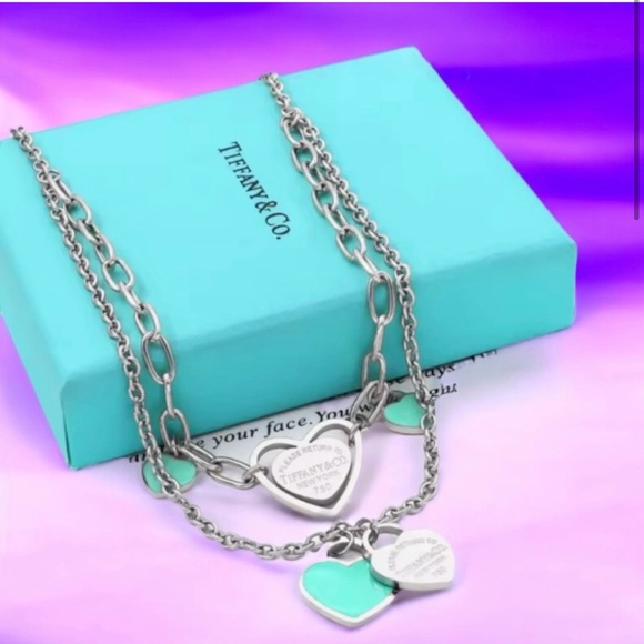 T & CO GOLD OR SILVER HEART DOUBLE CHAIN NECKLACE IN POUCH -INSPIRED - Picture 1 of 4